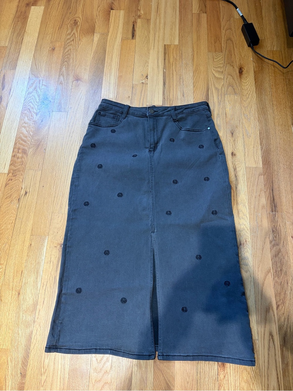 Black Embroidered Dot Denim Midi Skirt